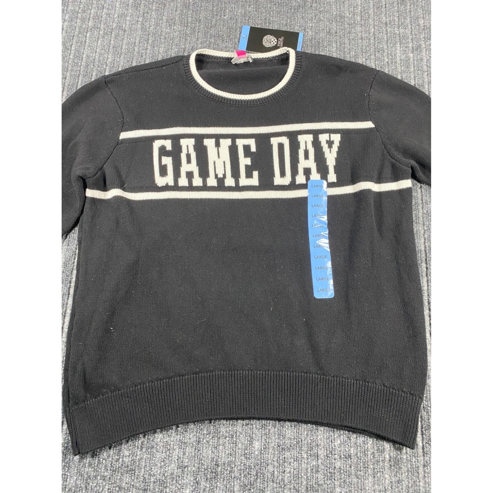 VINCE CAMUTO Sweater Womens Large Black White Game Day Graphic Knit Football NWT
